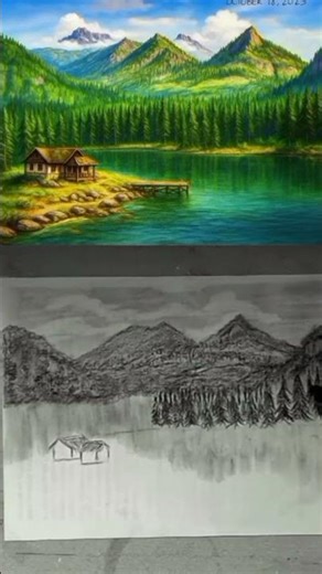 The cabin beside emerald lake #artdrawing #beatifulnature #landscape #youtubeshorts