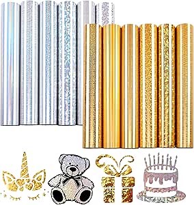 Tintnut Metallic HTV Vinyl - 12 Sheets 12"x 10" Gold HTV Heat Transfer Vinyl Bundle Chrome HTV Vinyl Foil Holographic Gold Iron On Vinyl for Compatible with Cricut or Silhoutte Cameo