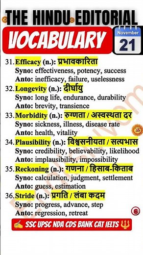 The Hindu Editorial Vocab: 6 TOP Words with Hindi Meaning | 21 November | UPSC SSC IELTS BANK CAT