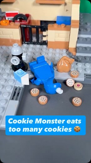 Silly Street on Instagram: "Cookie Monster eats too many cookies 🍪 #lego #toys #sesamestreet #parody"