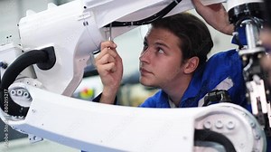 Male robot engineers worker working in a team checking the robot arm mechanism, electrical system and electronic automatic control circuit of an industrial robot inside the workplace laboratory.