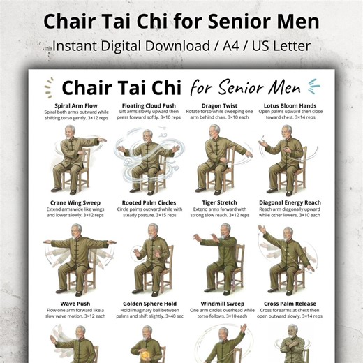 Chair Tai Chi for Senior Men Poster Printable PDF, Seated Tai Chi Exercises for Men, Gentle Chair Workout Routine, Home Fitness Exercises - Etsy