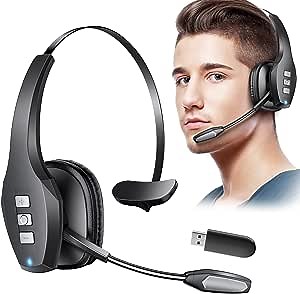 Trueque Bluetooth Headset, Trucker Wireless Headset with Microphone AI Noise Canceling & Mute Button, 60 Hrs Work Time On-Ear Headphones with USB Dongle for Call Center, Remote Work, Trucker, Zoom