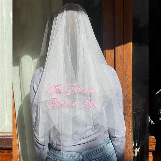 Bachelorette Bride Veil – Drunk in Love Bridal Veil – Pink Embroidery Hen Party Headpiece - Etsy