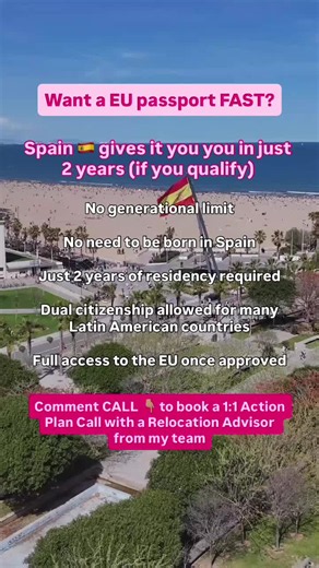 🇪🇸 Spain has one of the FASTEST paths to EU citizenship… and most people have no idea. If you’re from many Latin American countries, the Philippines, Equatorial Guinea or Portugal — you could apply for Spanish citizenship after JUST 2 years of legal residency. Most foreigners wait 10 years. The key is choosing the RIGHT visa from the start so your residency time actually counts. 👇 Comment “CALL” and I’ll send you information to book a 1:1 Action Plan Call with my team to map out your best pat