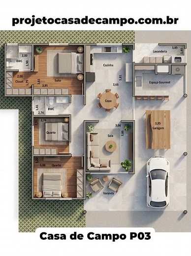 Planta Casa de Campo com 3 Quartos Incluindo 1 Suíte