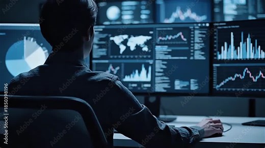 Data Analyst Working With Multiple Monitors Displaying Charts and Graphs