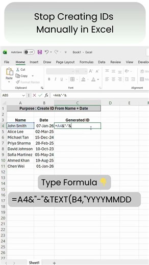 Create Unique IDs Instantly in Excel! 🔑 | TEXT Formula