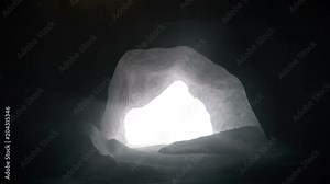 3D Animation Inside of Dark Mountain Cave and Waterfall at the End