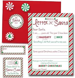Letter to Santa Kit Single Premium 5x7 Fill-in Card with Envelope, Stickers, Address Labels, Holiday Keepsake Set for Kids, Santa Letter Kit, Cute Festive Design, Made in USA by Amanda Creation