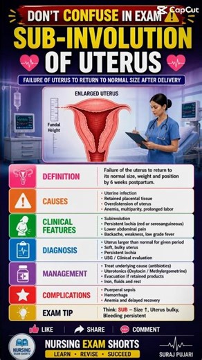 Subinvolution of Uterus | CausesSigns & Management | Nursing Exam Shorts #medicalshorts #staffnurse