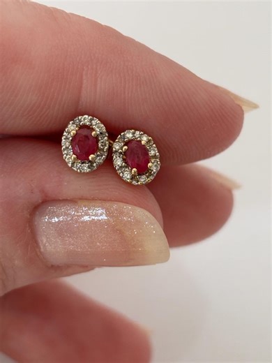 Natural Ruby Diamond Halo Stud Earrings, Solid 14K Yellow Gold, Oval Cut, July Birthstone - Etsy