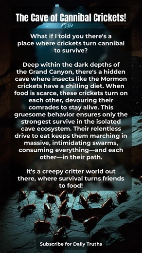 Discover the eerie phenomenon of cannibalistic crickets hidden within the Grand Canyon's secretive cave! This captivating short video delves into the bizarre world of Mormon crickets that resort to eating each other to withstand the scarcity of food. The isolated cave ecosystem pushes these crickets to extreme survival tactics, showcasing the raw power of nature. If you find this fascinating, don't forget to comment your thoughts below, share with friends fascinated by nature's quirks, and hit t