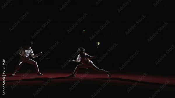 Slender Young Women Fighting On Fencing Track, Silhouette Of Ladies In Uniform, Fencing Masks