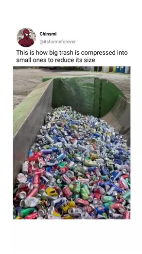 Chinsmi on Instagram: "This video shows a massive hydraulic machine compressing hundreds of cans into a solid cube ♻️. This process is known as metal baling or can compaction. It helps recycle aluminum efficiently by reducing volume, making transport and storage much easier. Such recycling methods aren’t limited to just big cities — they are used everywhere, from small towns to large urban centers, because aluminum is one of the most valuable and reusable materials in the world 🌍✨." Via and cre