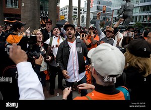 Oct. 27, 2010 - San Francisco, California, USA - Ashkon (one name only) star of a viral video singing the praises of the Giants fires up the crowd in Willie Mays Plaza before the start of game one of the World Series between the San Francisco Giants and the Texas Rangers at AT&T Park  October 27, 2010 in San Francisco, Calif (Credit Image: © Sacramento Bee/ZUMApress.com Stock Photo - Alamy