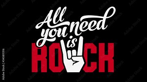 all you need is rock text using classic and curly typography with rebel hand gesturing horn sign
