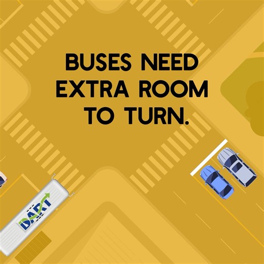 Because of their size, buses need extra clearance when making turns. Stay back behind the white line – don’t creep into the intersection – so they can complete their turns. Learn more about driving safely among commercial vehicles like buses. https://bit.ly/2SMBS97 | https://bit.ly/4ck6PG7 #ArriveAliveDE | Delaware Office of Highway Safety