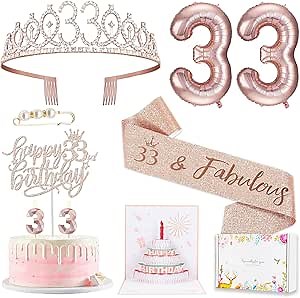 Awfrky 33rd Birthday Decorations for Her Women, Including 33 year old Birthday Cake Topper, Queen Sash with Pearl Pin, Sweet Rhinestone Tiara Crown, Number Candles and Balloons Set, Rose Gold