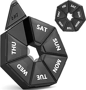 Gelibo,Weekly Pill Organizer, 2 Pack Portable Travel Pill Box Dispenser Medicine case 6 Colors (Seven Day) New Edition for Vitamin/Fish Oil/Pills/Supplements-Arthritis Friendly (Black)