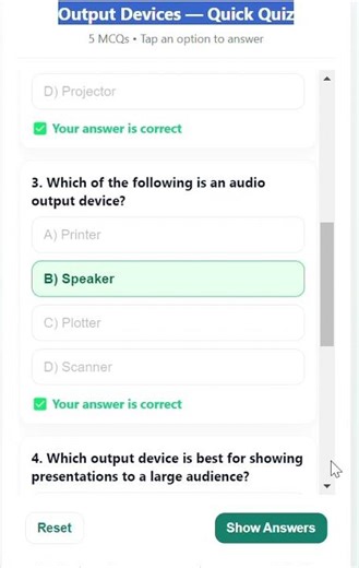 Output Devices MCQs | Computer Basics Quiz | Class 9 & 10