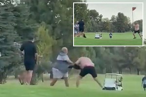Watch wild brawl on golf course as shirtless man attacks another with flagstick