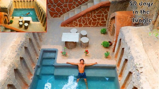 Building an amazing underground swimming pool & house with primitive tools