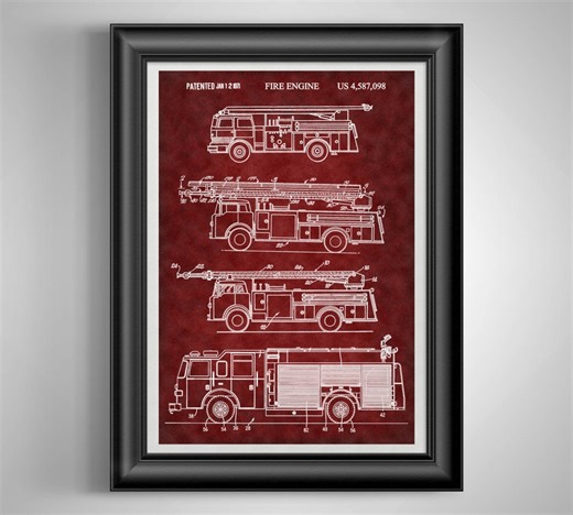 Fire Engine Patent Print | Fire Truck Art | Firefighter Gift Idea | Fireman Nursery Wall Decor | Fire Station Poster | Rescue Vehicle Art - Etsy