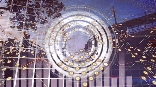Animation of integrated circuit and processing circle and graph over construction site
