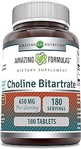 Amazing Formulas Choline Bitartrate Supplement | 650 Mg | 180 Tablets | Non-GMO | Gluten-Free | Made in USA