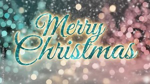 Animated merry Christmas lettering sparkling with snow bokeh. Festive holiday greeting design transitioning in blue and pink tones for winter celebrations