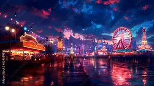 Amusement park at night with roller coaster. Seamless looping time-lapse animation background.