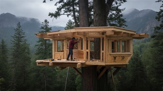 Alone in the mountains: Man builds a large treehouse