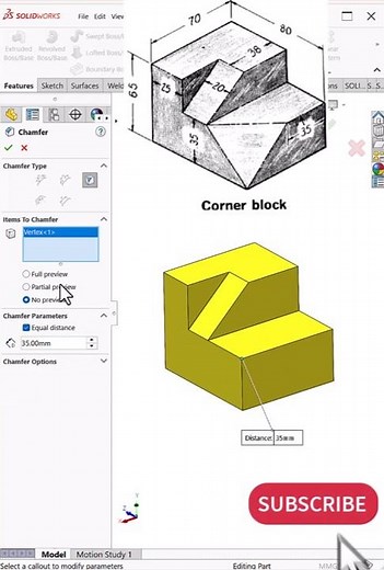 Corner Block Design in SolidWorks | Cut & Chamfer #shorts #solidworks