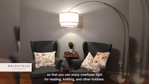 Brightech Mason Arc Floor Lamp - Modern Corner Standing Lamp with Unique Hanging Drum Lamp Shade for Living Room - Bright Overhead, Curved Hanging Light for Bedroom. Library, Den - Nickel