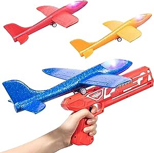 3 Pack Light Airplane Toy 12.4'', Launcher & Rubber Band Foam Flying Plane, Large Throwing Toy, Birthday Gifts for Boy and Girls