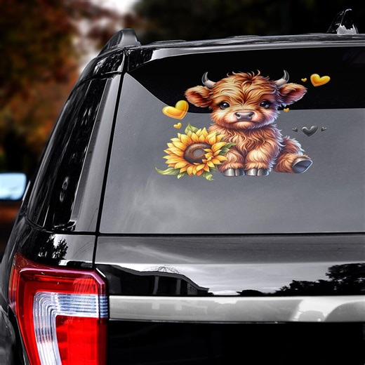 Highland Cow Sunflower Car Sticker, Adorable Farm Animal Vinyl Decal (waterproof) - Etsy