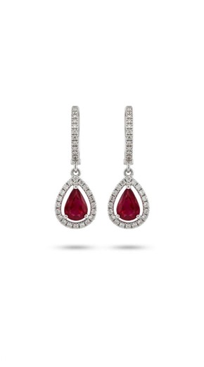 Genuine Teardrop Ruby and Diamond Huggies | 18k Solid White Gold
