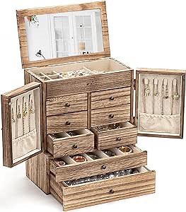 Emfogo Jewelry Box for Women Wooden Jewelry Boxes & Organizers 5-Layer Rustic Large Jewelry Organizer Box with Mirror & 8 Drawers for Rings Earrings Necklaces Bracelets Women Girls Gifts