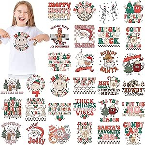 Estune 30 Pcs Christmas Iron on Transfers Retro Santa Iron on Decals Patches Heat Transfers Gingerbread Dtf Heat Transfer Vinyl Stickers Xmas Appliques for Clothes Bag Covers DIY Decor(Retro Style)