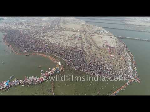Triveni Sangam Ganga-Yamuna confluence : Mahashivratri 4 March 2019 massive congregation aerial view