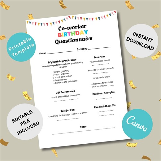 About Me | Editable Coworker Birthday Questionnaire, Minimalist Office HR Template (canva, PDF File) - Etsy