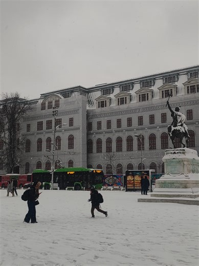 Beautiful Snowfall in Bucharest's University Square