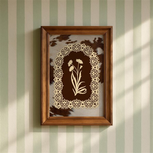 Simple Flower Silhouette Poster, Brown Cow Pattern Print, Boho Flower Wall Art, Funky Home Decor, Printable Vintage Botanical Artwork - Etsy