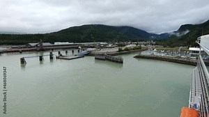 Port of Skagway and the Skagway river with the cruise ship terminal at the historic gold mining town of Skagway, Alaska