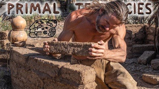 Building the wall and fireplace of primitive adobe hut (episode 28)