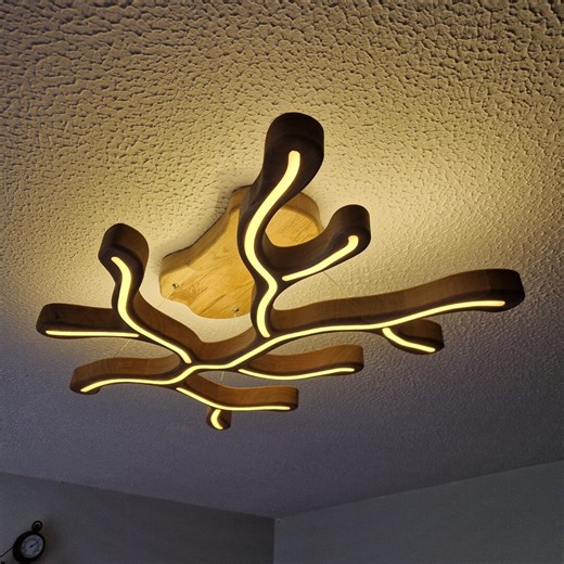 Wooden LED Ceiling Light Fixture, Direct Indirect Flush Mount Pendant Lamp, Dimmable Compatible - Etsy UK