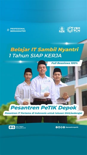 Beasiswa IT 100% untuk Lulusan SMA di Pesantren PeTIK Depok Pesantren IT pertama di Indonesia untuk lulusan SMA sederajat full beasiswa 100%. Siap cetak Programmer dan Network Engineer profesional berkarakter. Kini, Pesantren PeTIK Depok membuka pendaftaran mahasantri baru untuk generasi muda yang ingin belajar IT sambal nyantri Full Beasiswa 100% 🎓 ✨ Kenapa Pesantren PeTIK? ✅ Pendidikan IT siap kerja ✅ Pembinaan karakter & kepesantrenan ✅ Fasilitas lengkap & lingkungan kondusif ✅ Dibina oleh p
