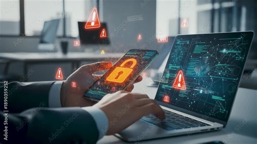 Businessman verifying secure authentication access on smartphone. Digital data protection system locking network information. Cyber identity encryption technology on laptop for user privacy.