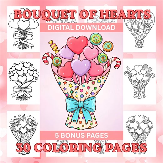 Bouquet of Hearts Coloring Pages - 30 Heart Coloring Sheets for Kids and Adults, Valentines Coloring, Valentines Activity - Etsy